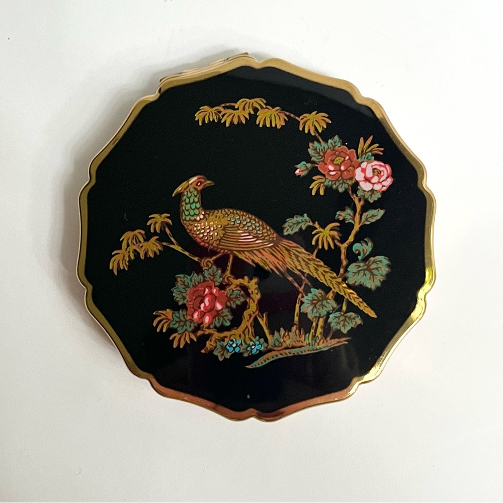 1950s VTG Stratton England Compact Mirror w/ Peacock + Flowers on Black Enamel